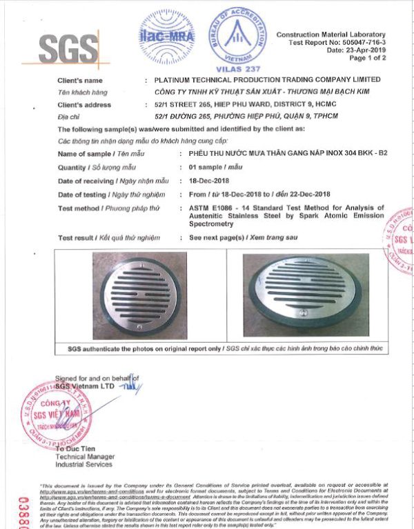  - Phễu Thoát Sàn Bạch Kim - Công Ty TNHH Kỹ Thuật SX TM Bạch Kim